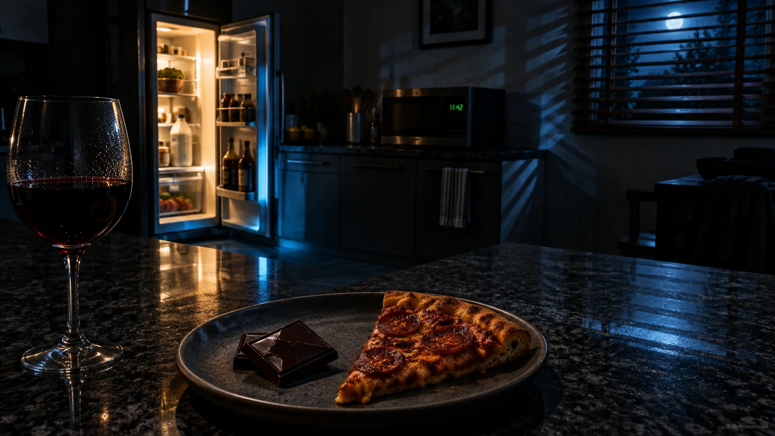 A slice of pepperoni pizza, dark chocolate squares, and a glass of red wine on a counter before an open, lit refrigerator.