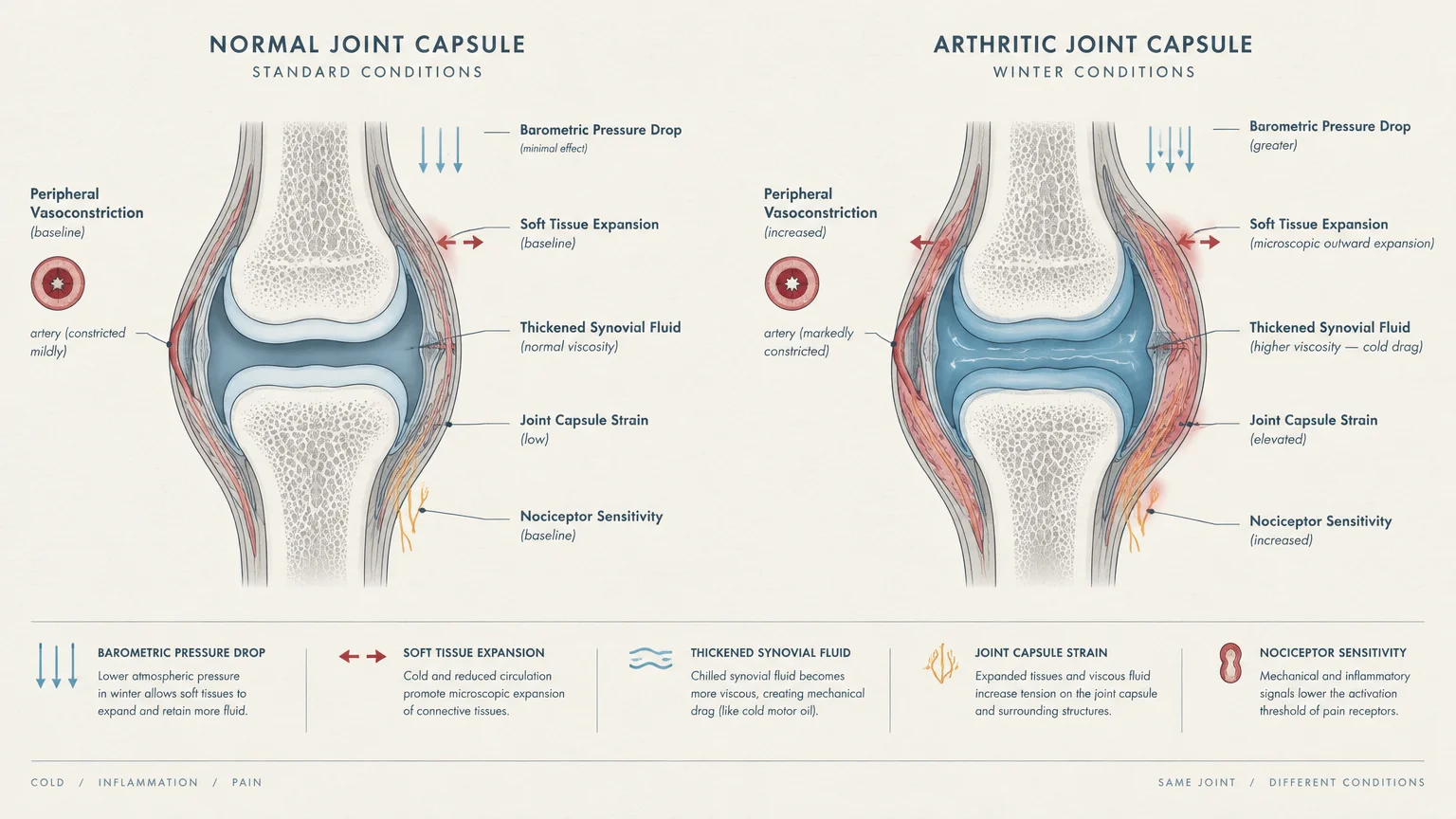 Diagram comparing a normal joint capsule in standard conditions to an arthritic joint capsule in winter conditions.