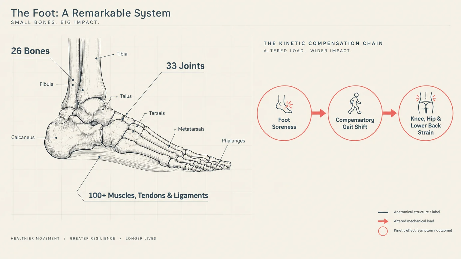 Diagram of foot anatomy alongside a flowchart showing how foot soreness leads to compensatory gait shifts and joint strain.