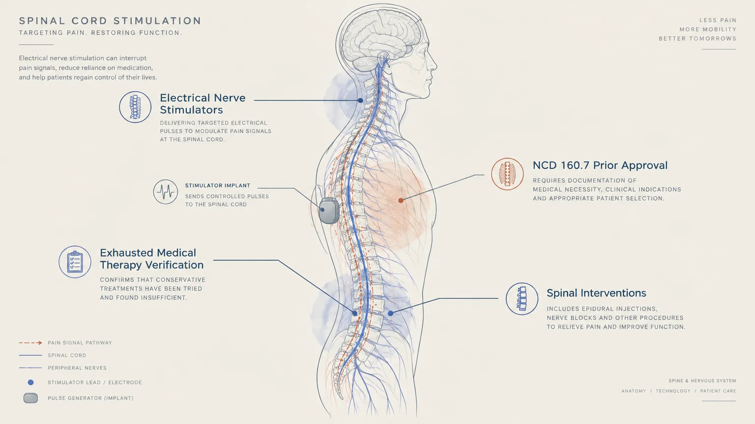 Medical diagram of spinal cord stimulation, showing nerve pathways, stimulator implant, and prior approval requirements.