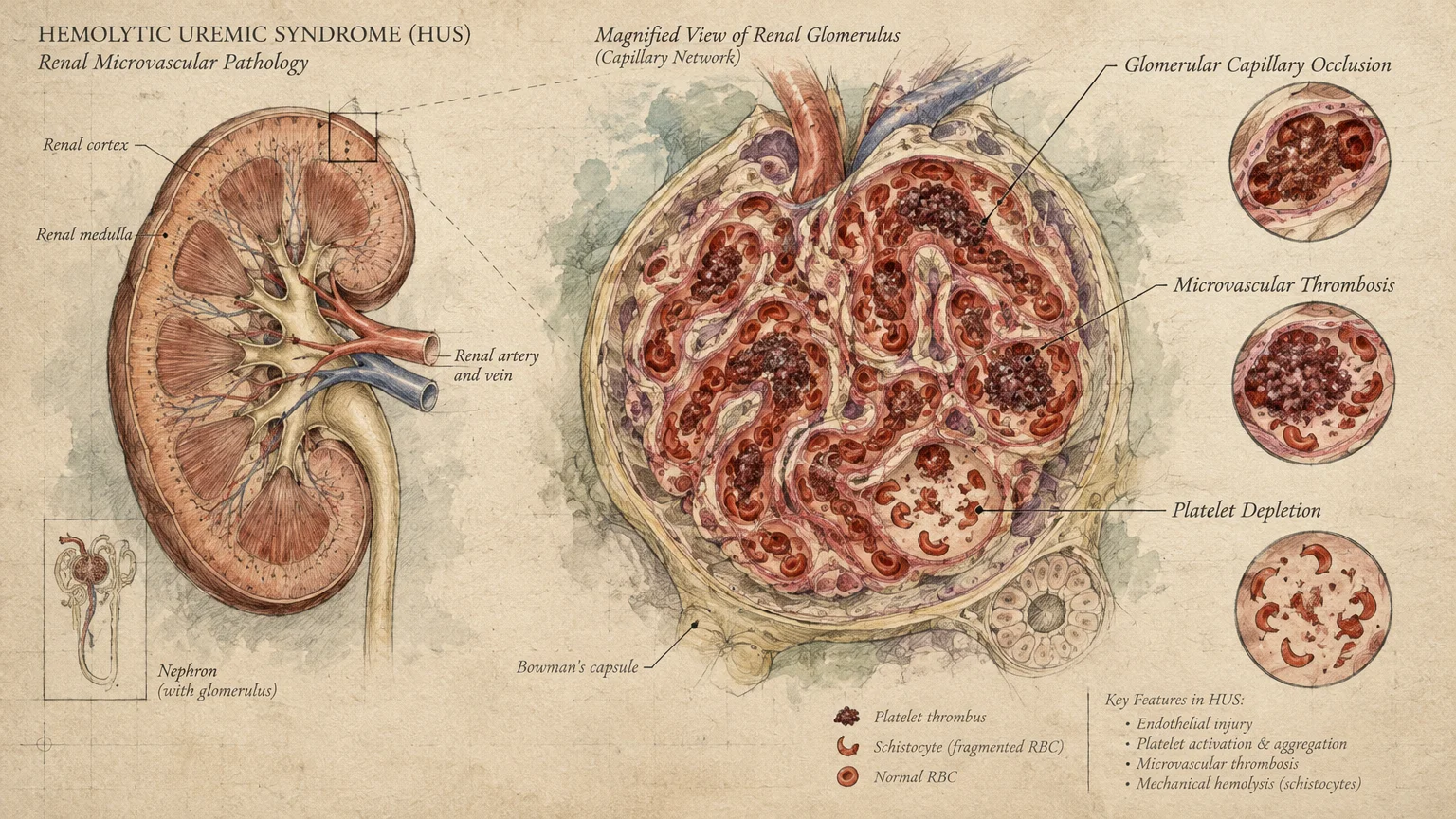 Medical illustration of kidney anatomy and a magnified renal glomerulus showing microvascular thrombosis and clot formation.
