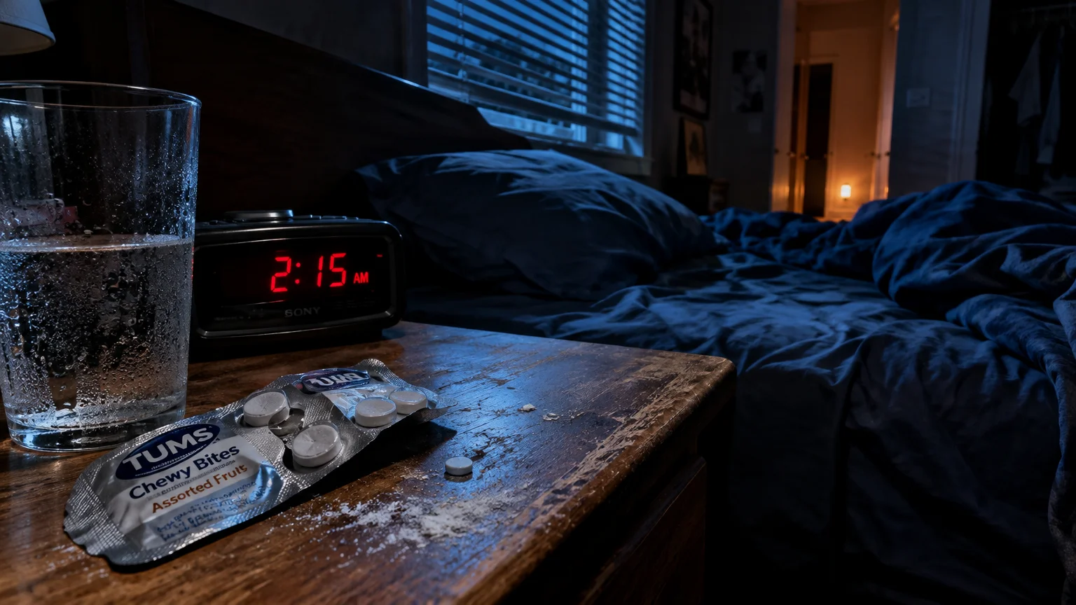 Nightstand with a glass of water, digital clock reading 2:15 AM, and a blister pack of antacid tablets beside a bed.