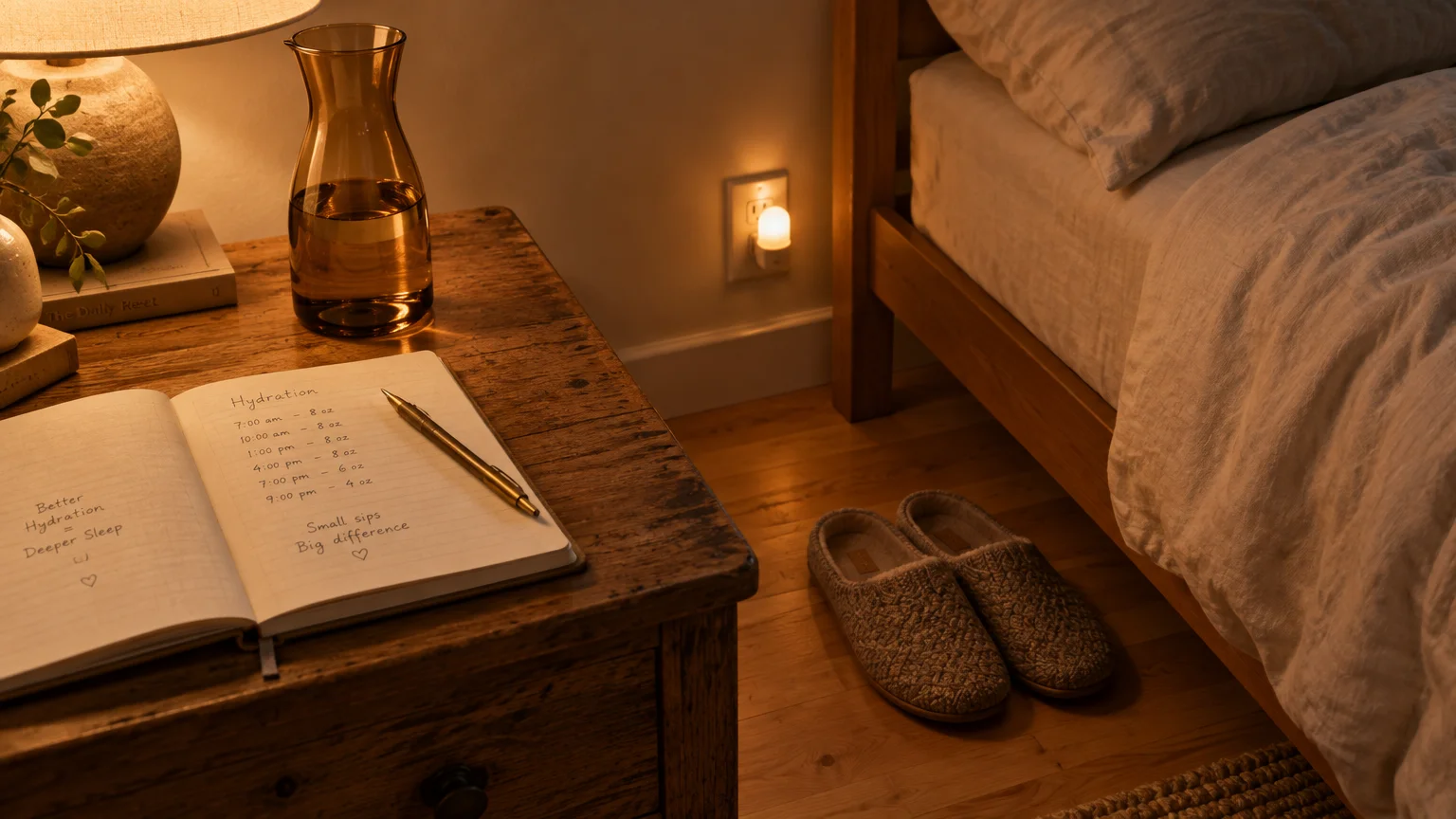 Wooden bedside table with an open hydration journal, pen, glass carafe, lamp, and slippers on the floor by a bed.