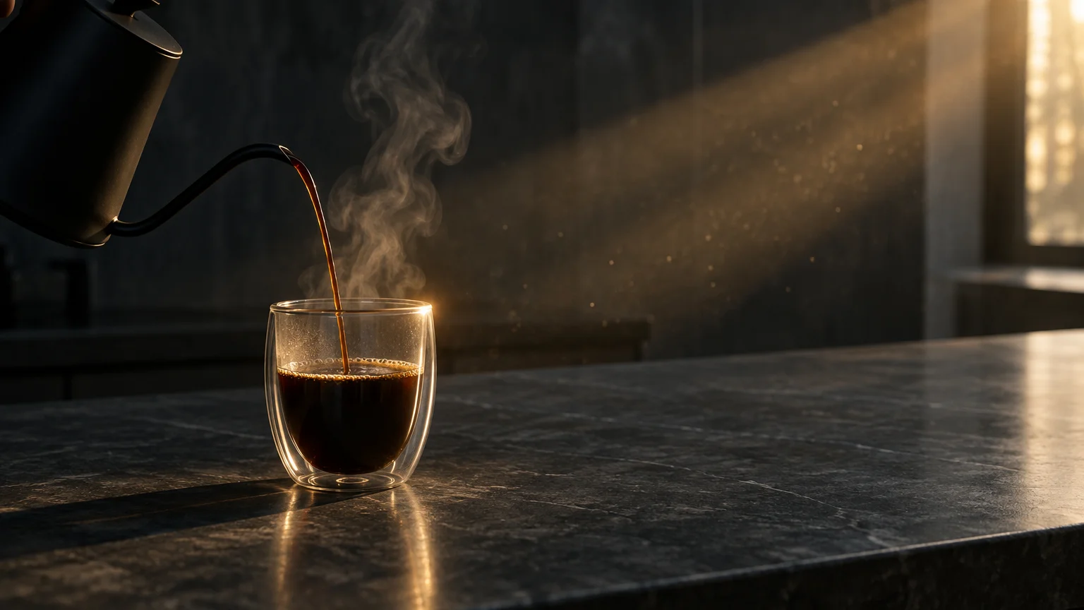 Black coffee pouring from a dark gooseneck kettle into a clear, double-walled glass cup illuminated by morning sunlight.