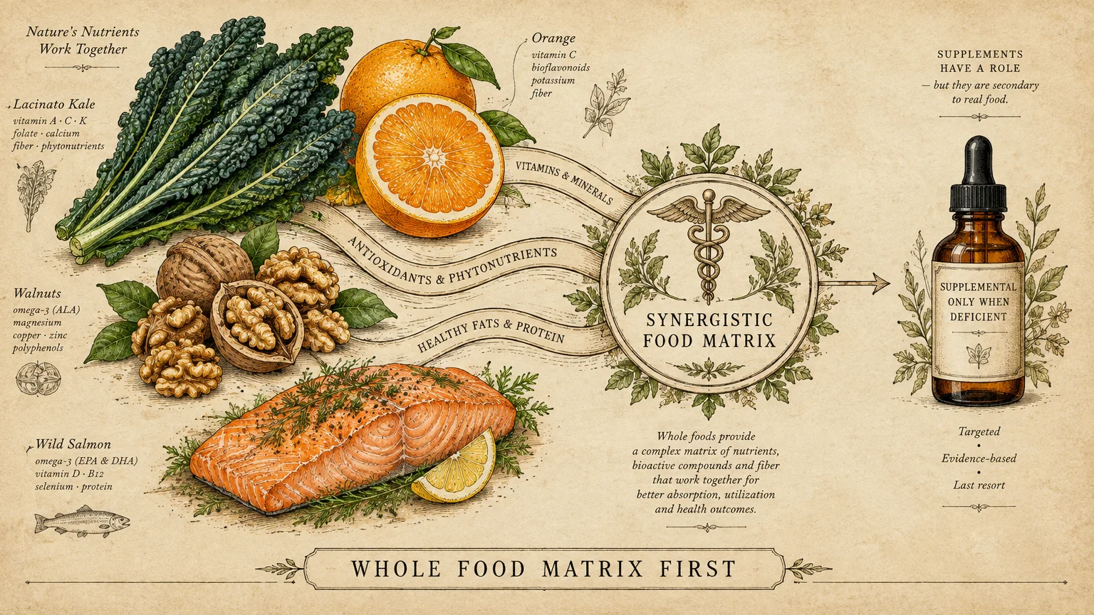 Vintage infographic showing whole foods flowing into a synergistic food matrix emblem beside a supplement dropper bottle.