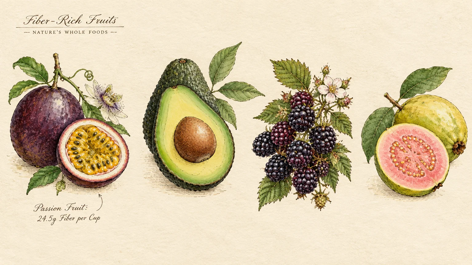 Botanical illustrations of passion fruit, a halved avocado, blackberries on a leafy stem, and pink guava.