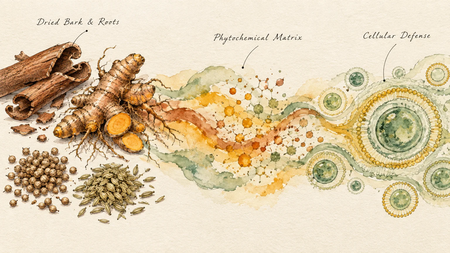Watercolor diagram showing dried spices transitioning into molecular phytochemical matrices and cellular defense structures.