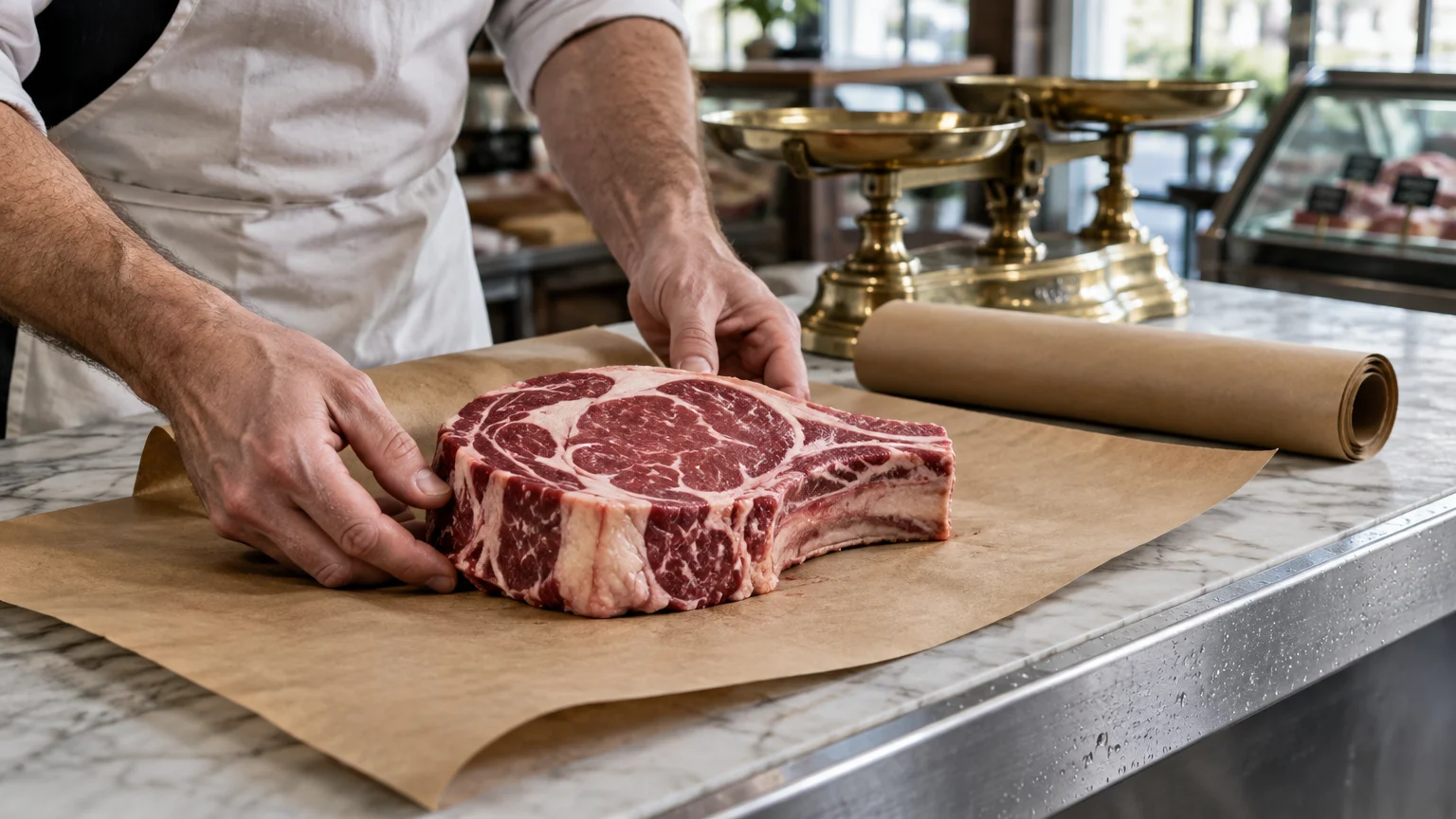 A butcher rests hands beside a thick raw ribeye steak on butcher paper atop a marble counter with vintage brass scales.