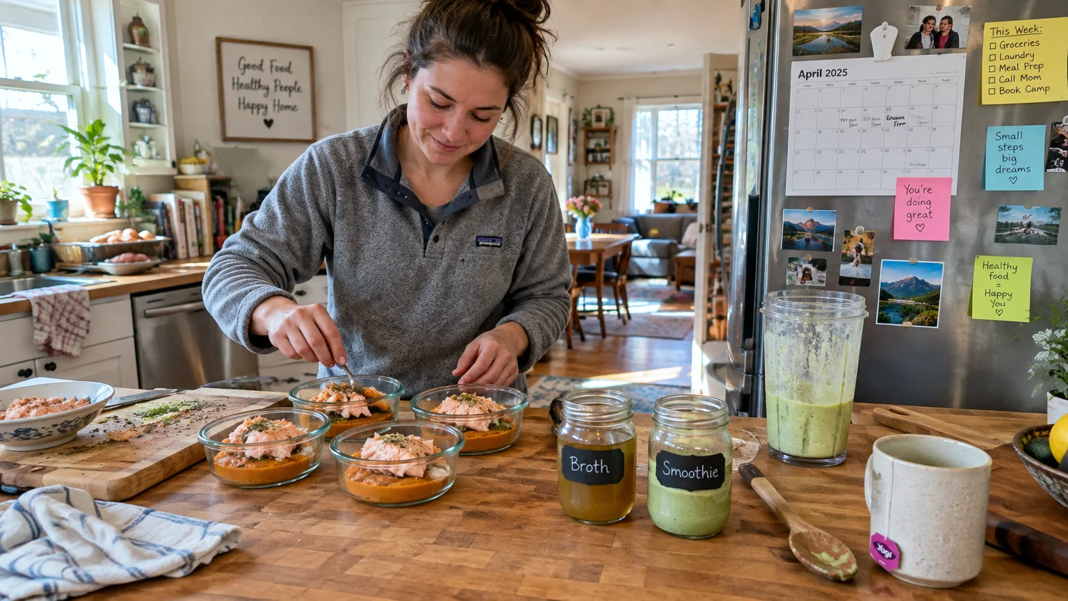 A woman prepares meal portions into glass bowls and labeled jars on a wooden kitchen island near a refrigerator.