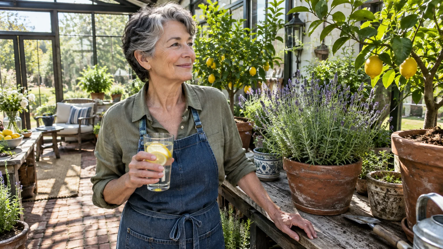 Smiling older woman holds a glass of lemon water in a sunlit greenhouse filled with potted plants and small lemon trees.