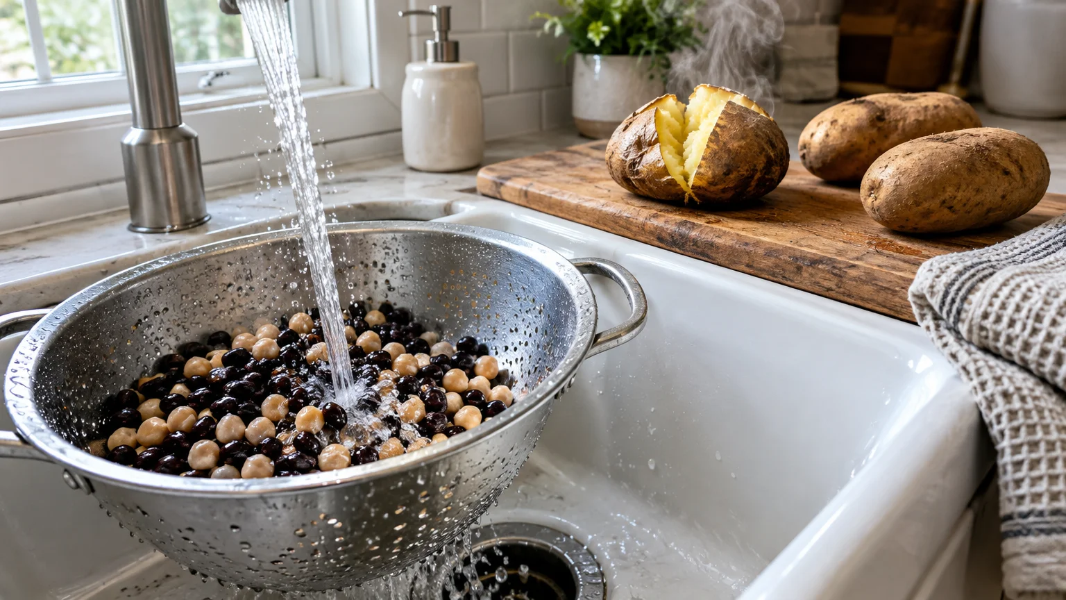 Water rinses beans in a colander inside a sink next to steaming baked potatoes on a cutting board.