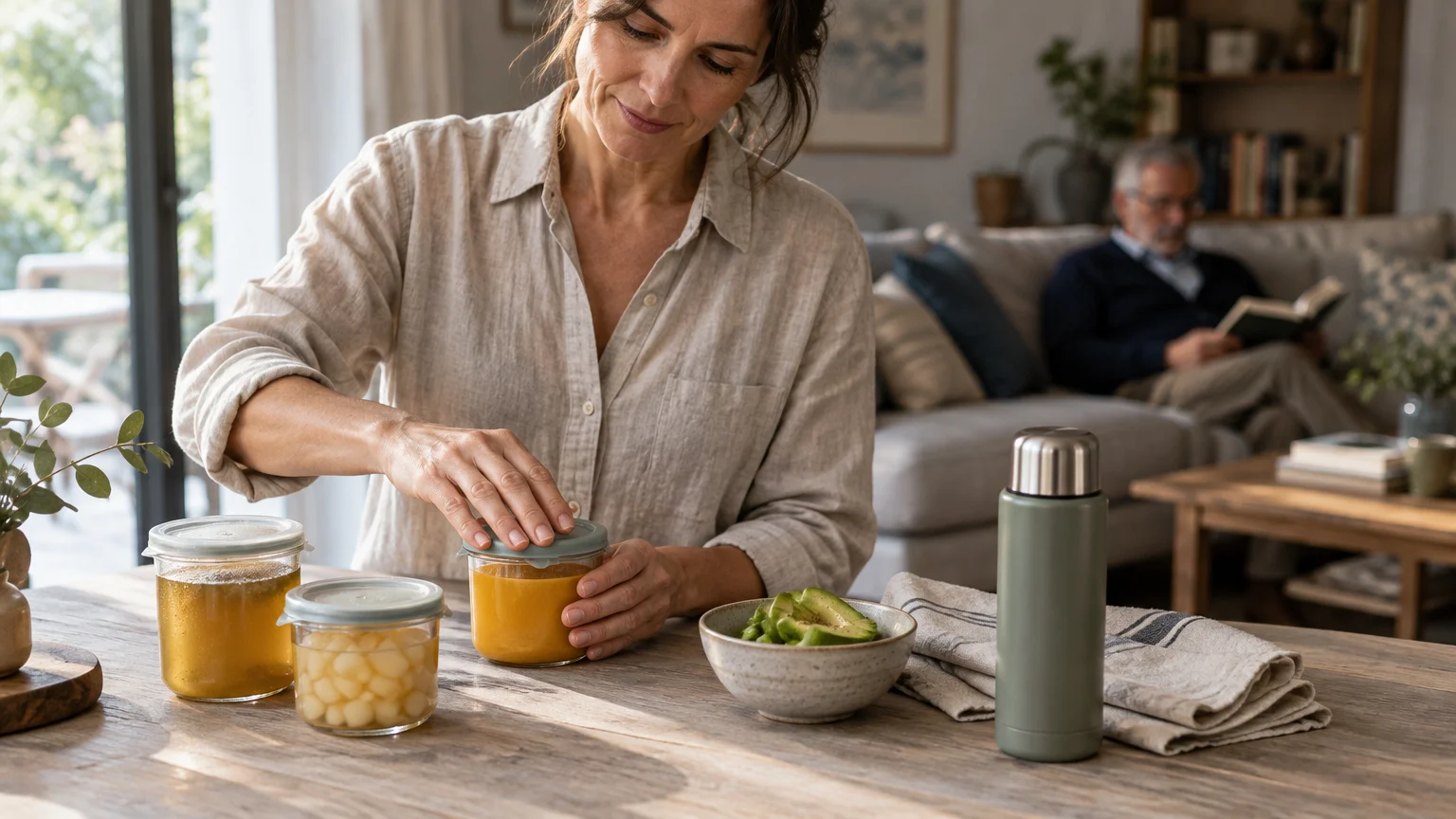 A woman seals glass food jars with soup and broth on a wooden table while an older man reads on a couch.