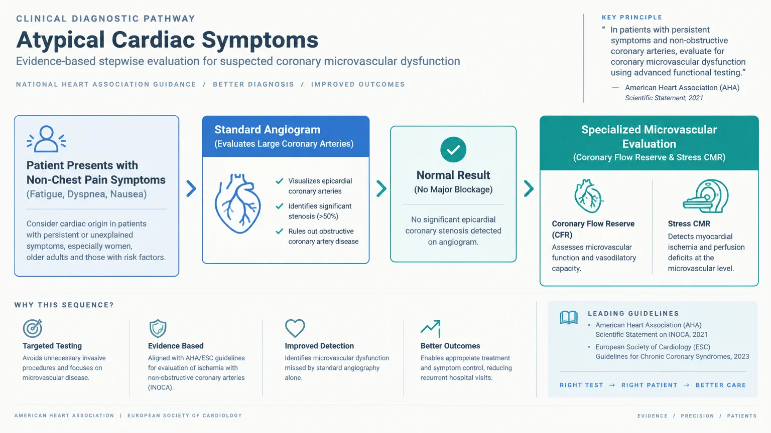 Flowchart showing a clinical diagnostic pathway for atypical cardiac symptoms progressing from angiogram to microvascular evaluation.