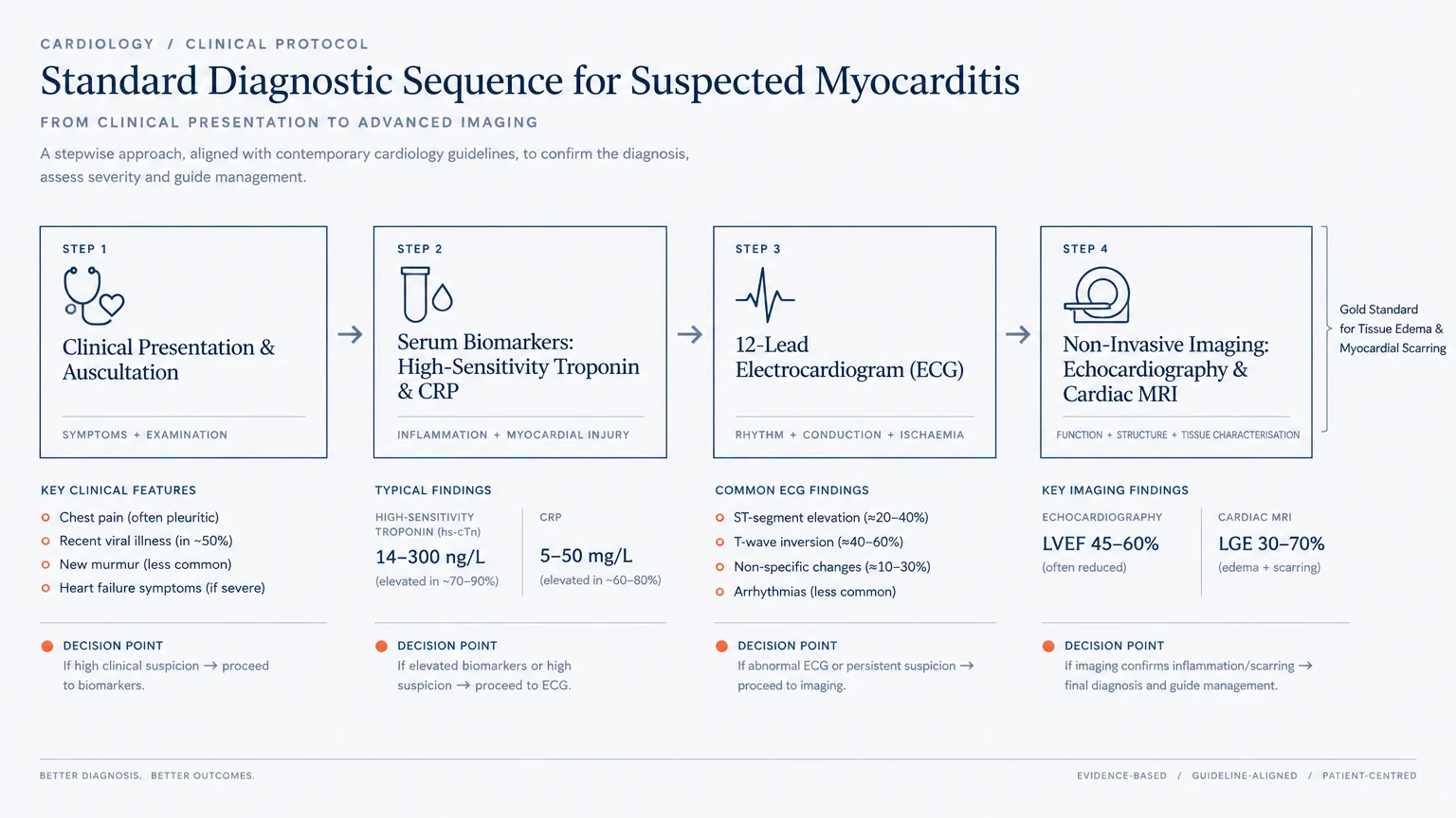 Flowchart illustrating a four-step diagnostic sequence for suspected myocarditis from examination to imaging.
