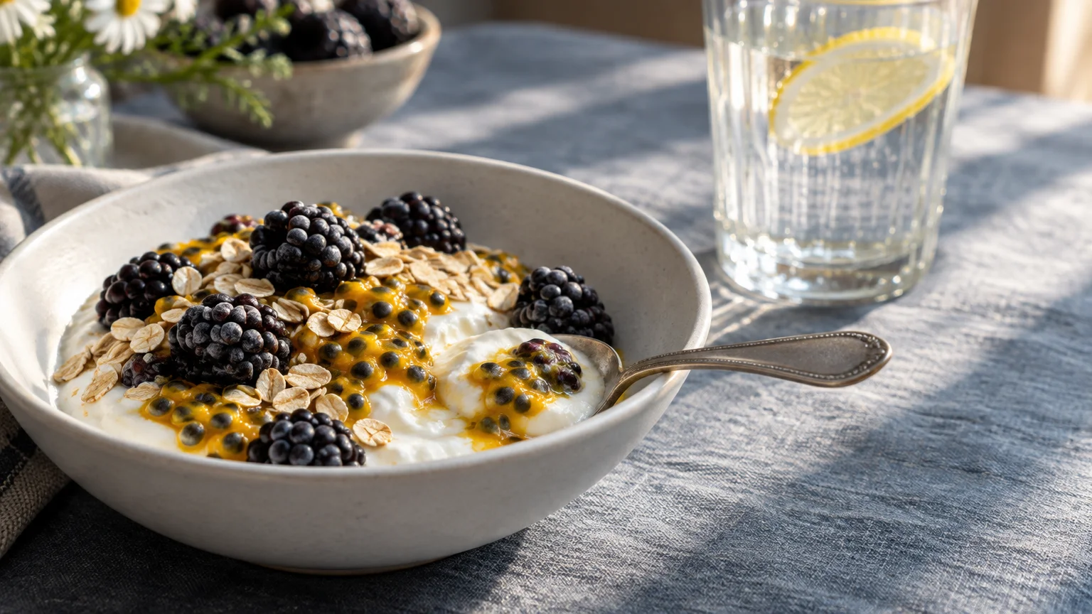 Bowl of yogurt topped with blackberries, passion fruit pulp, and oats beside a glass of water with a lemon slice.