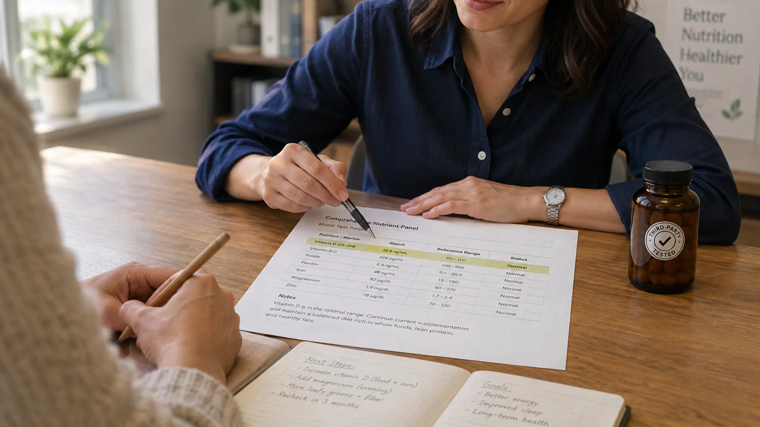 A practitioner pointing a pen at a nutrient panel report on a desk across from a patient taking notes next to a pill bottle.