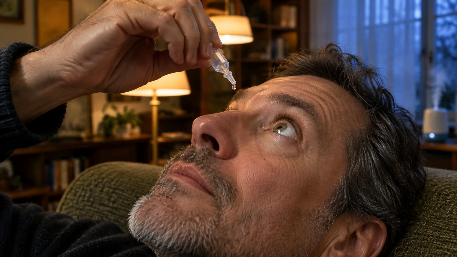 Close-up of a bearded middle-aged man lying back and applying eye drops from a small plastic vial into his open eye.