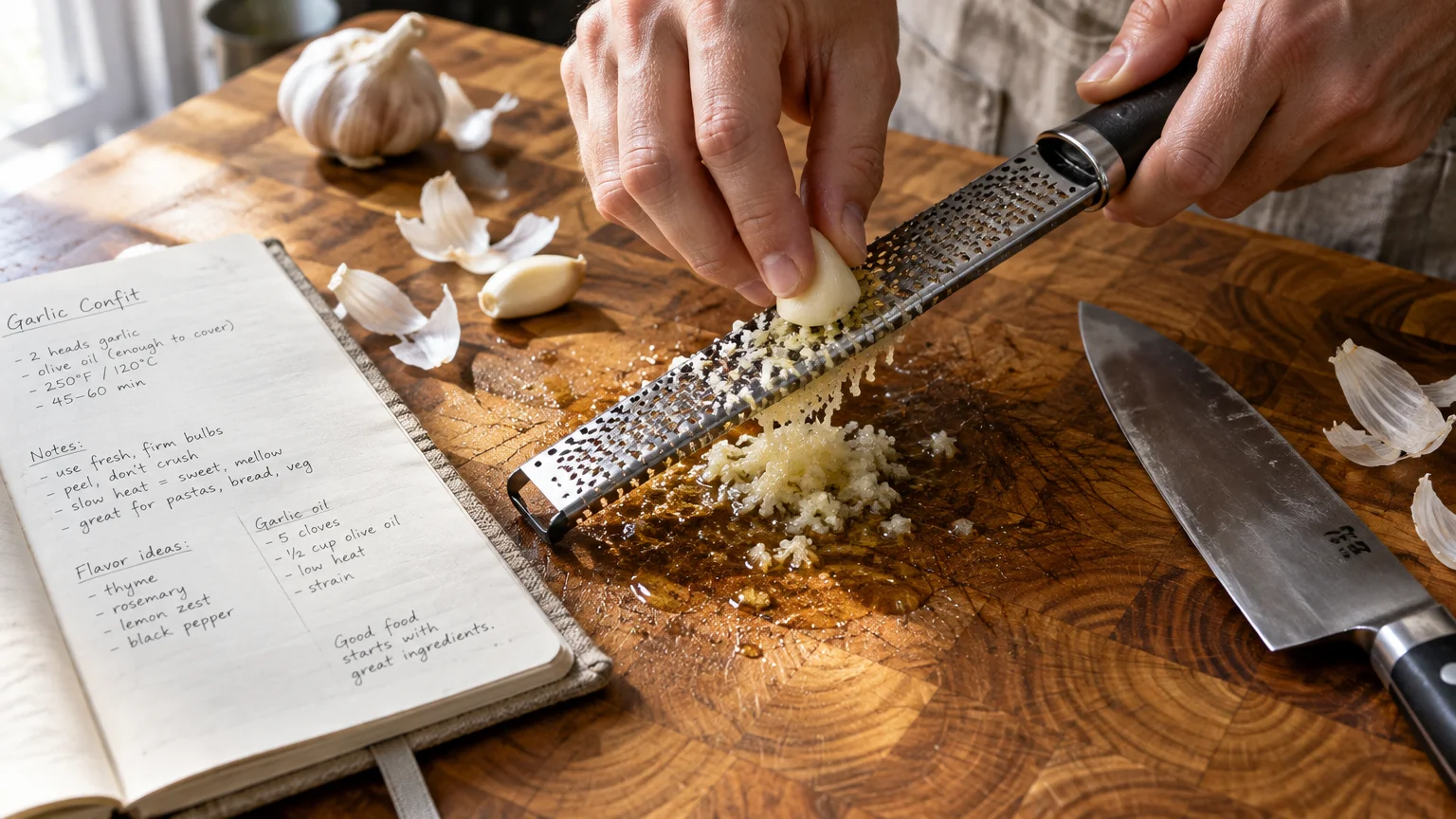 Hands grating a garlic clove on a microplane over a wooden board near a chef's knife and an open recipe notebook.