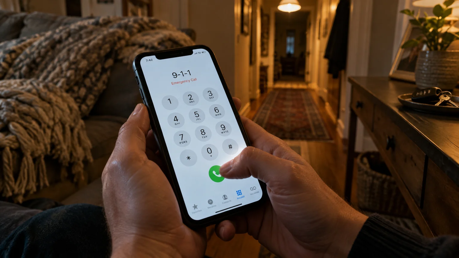 Hands holding a smartphone dialing 911 on the keypad screen in a dimly lit home hallway.