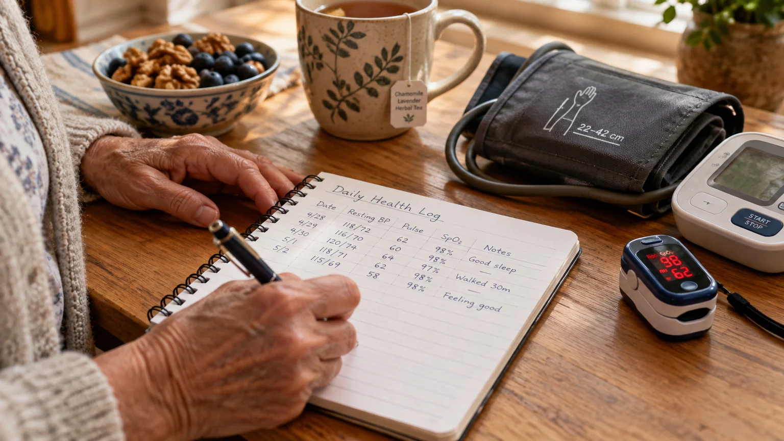 Person writing in a daily health log notebook beside a pulse oximeter, blood pressure monitor, and tea mug.