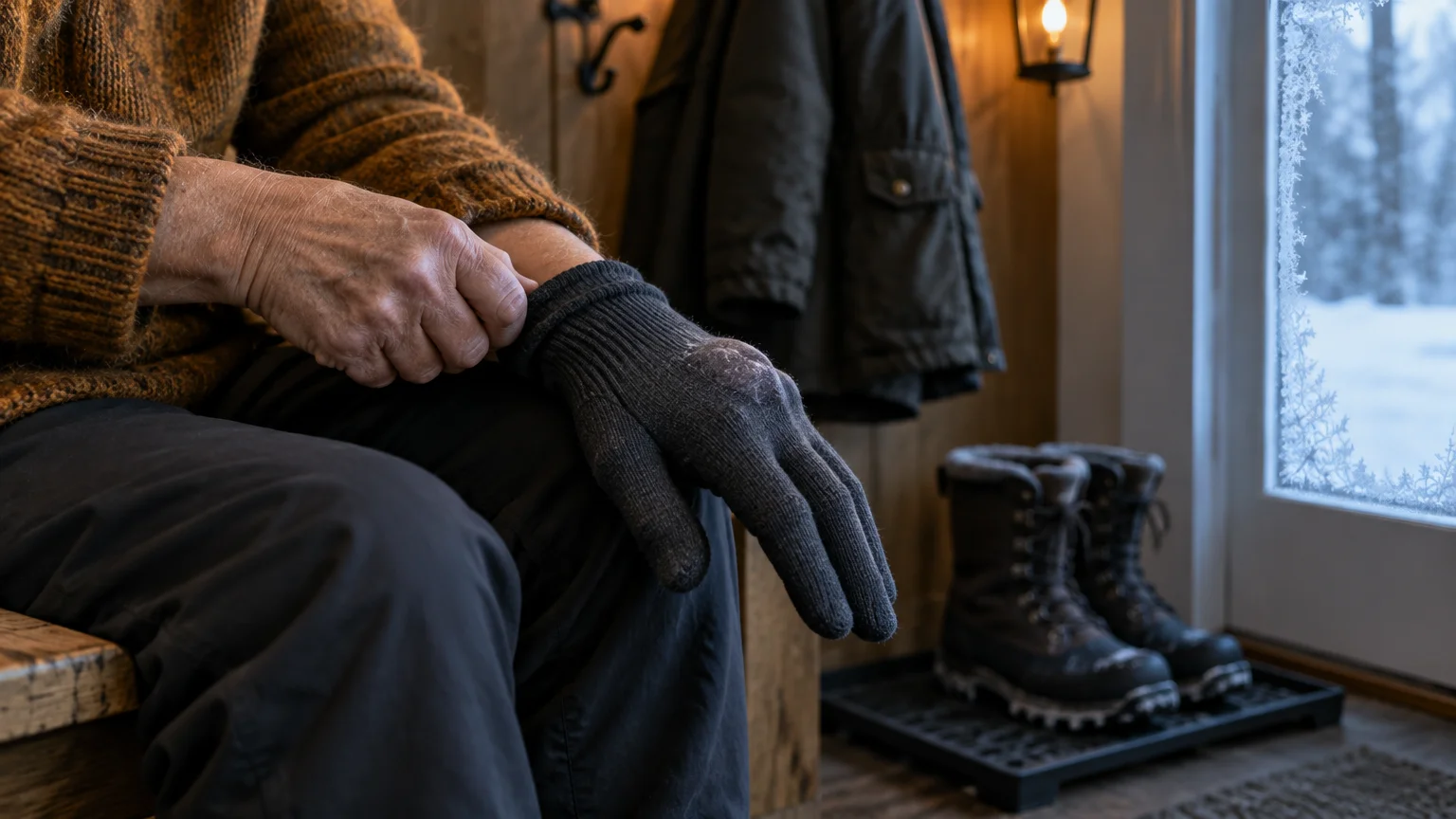 Person sitting indoors pulling a dark knit glove onto their hand near winter boots and a frosted window.