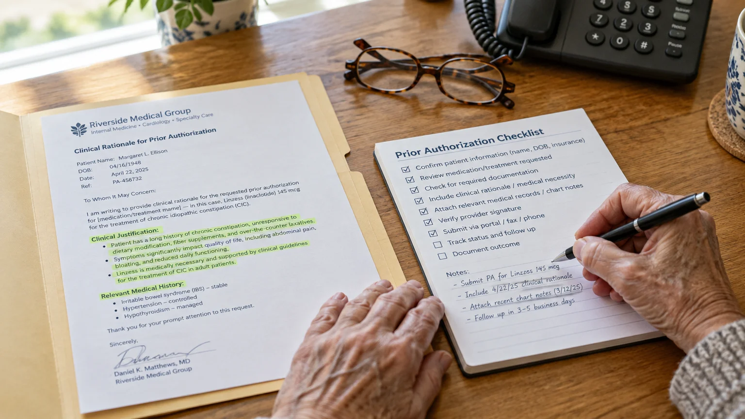 Person filling out a prior authorization checklist next to a medical rationale document, eyeglasses, and an office phone.