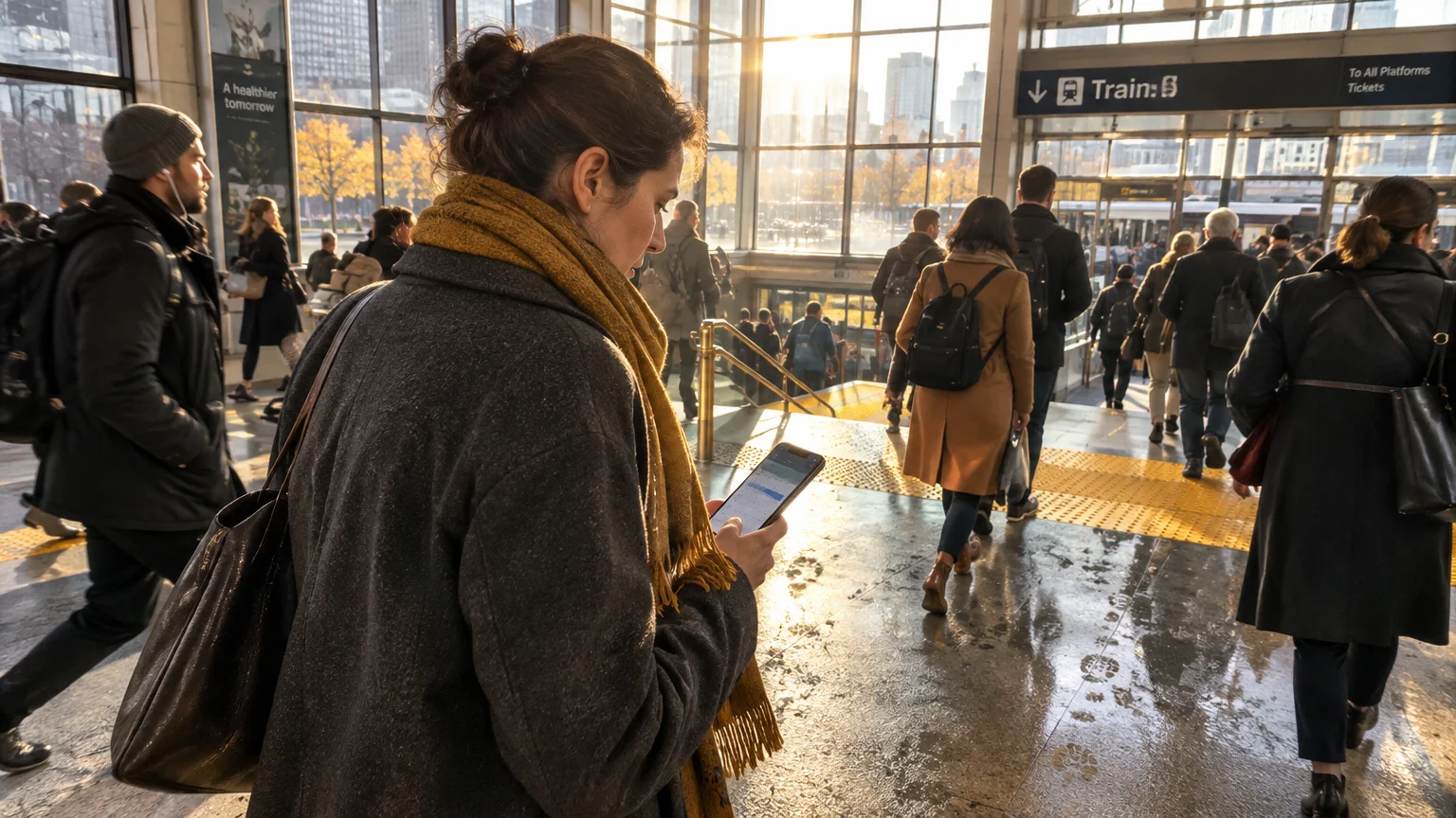 Woman in a coat looking at her smartphone while walking down stairs inside a crowded, sunlit train station.