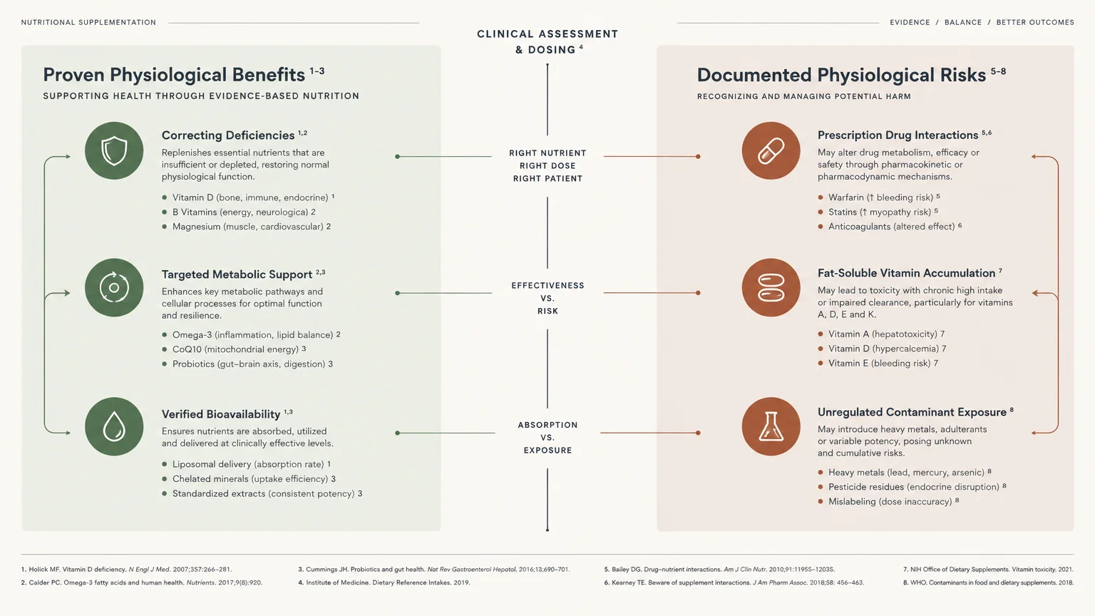 Diagram comparing proven physiological benefits of supplements on the left with documented physiological risks on the right.