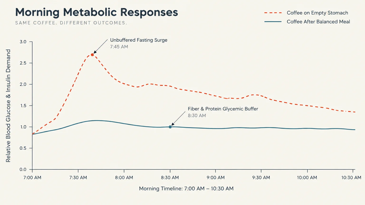 Line graph tracking relative blood glucose response to coffee on an empty stomach versus coffee after a balanced meal.