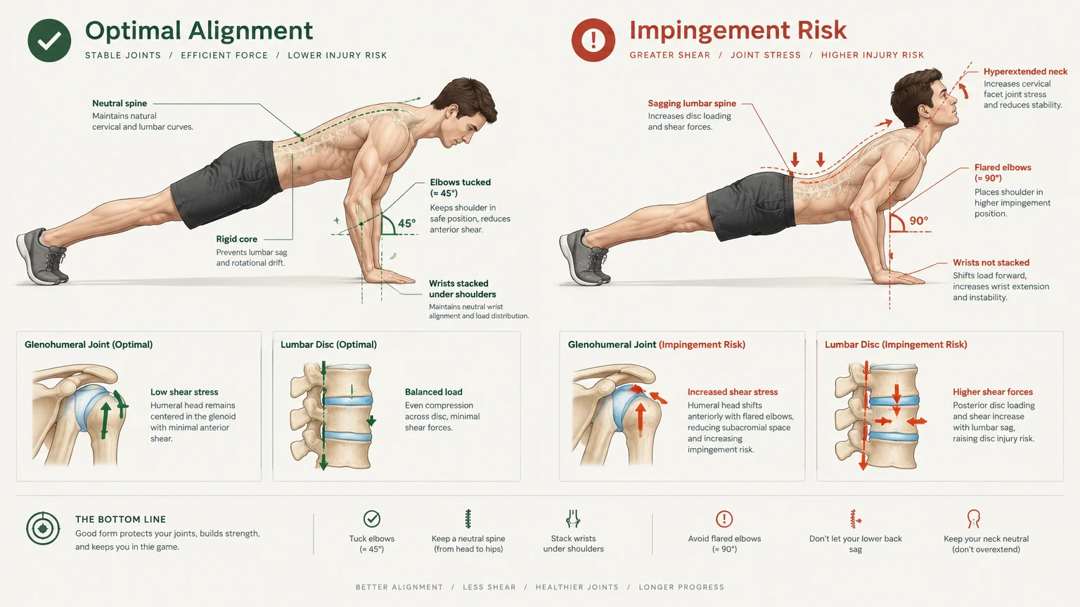 Anatomical diagram comparing optimal pushup alignment with tucked elbows to improper form with flared elbows and sagging hips.