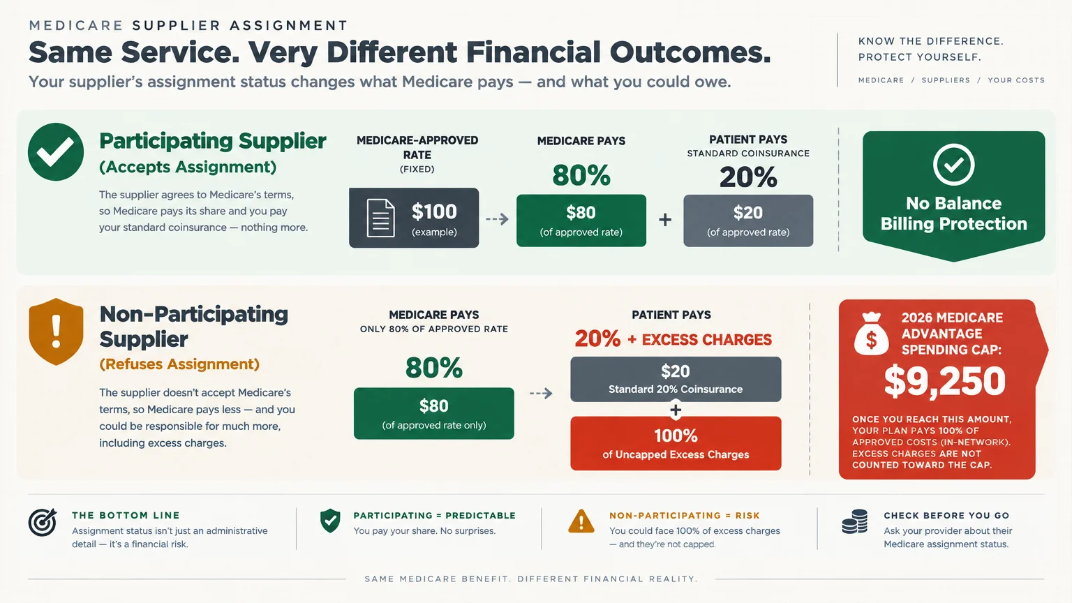 Infographic comparing costs, coinsurance, and excess charges between participating and non-participating Medicare suppliers.