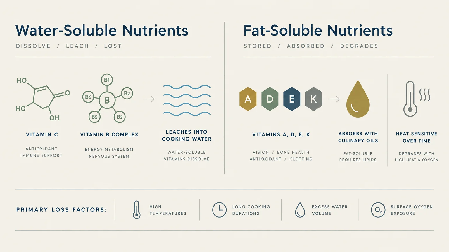 Diagram comparing water-soluble and fat-soluble nutrients, showing vitamins C, B, A, D, E, K, and primary loss factors.