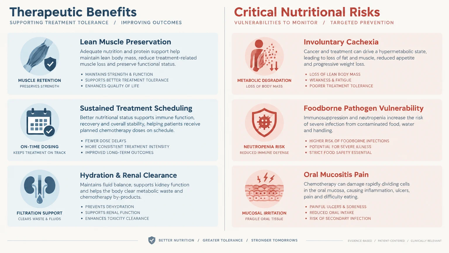 Side-by-side comparison chart showing therapeutic benefits of nutrition versus critical nutritional risks during chemotherapy.