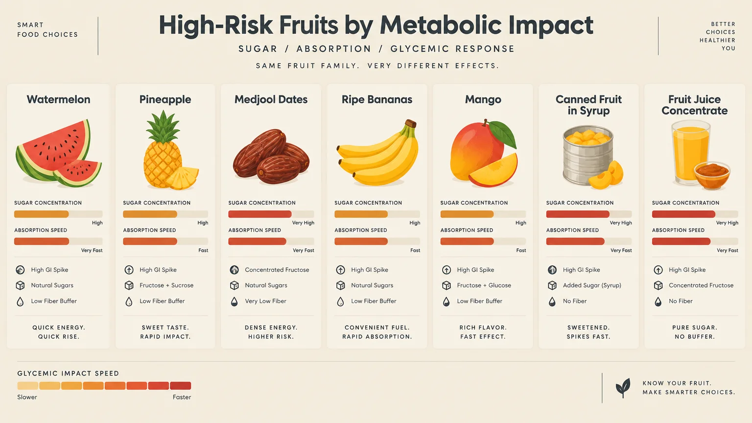 Diagram titled High-Risk Fruits by Metabolic Impact showing seven fruits with sugar concentration and absorption speed bars.