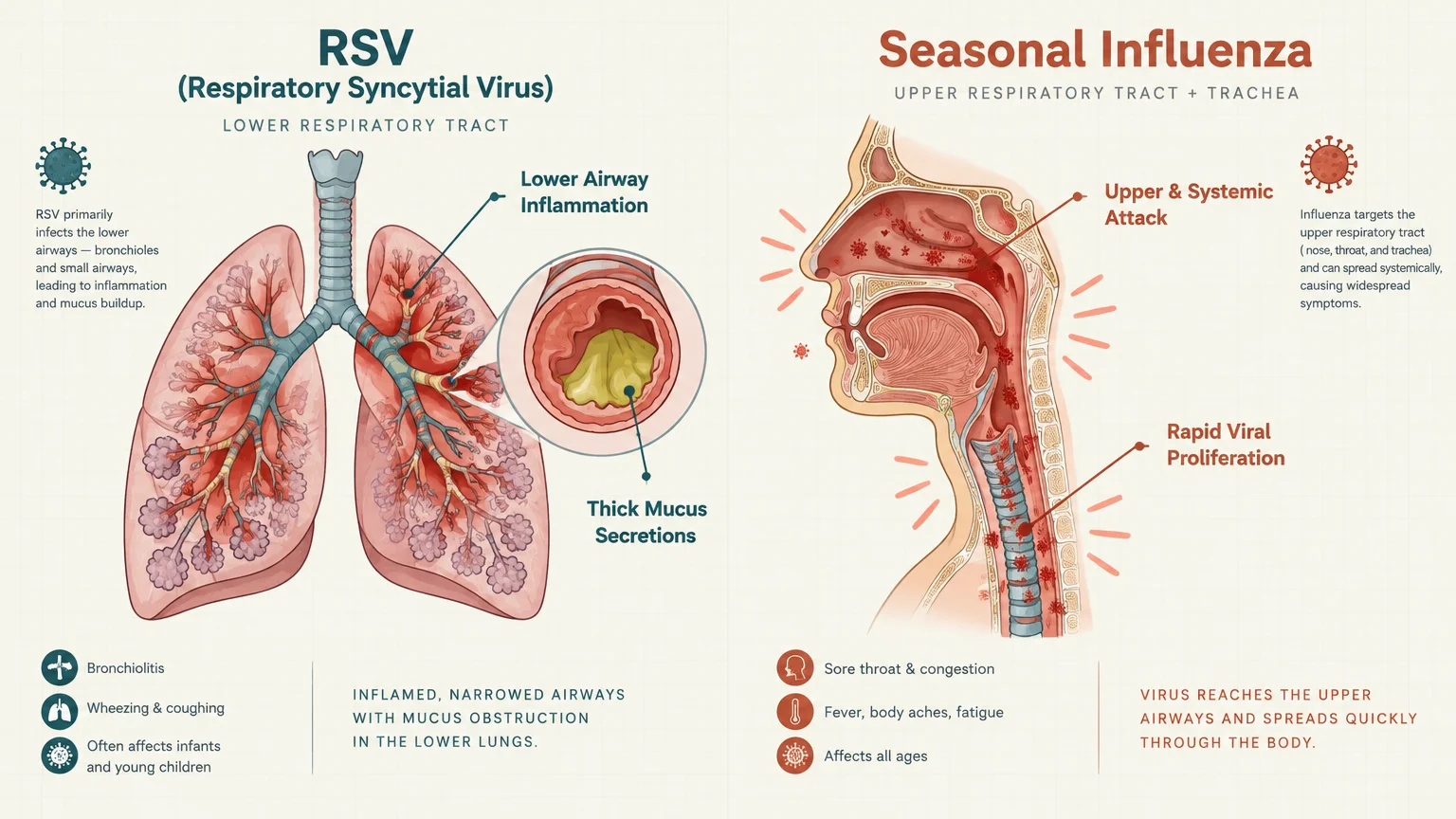 Medical diagram comparing RSV targeting the lungs and lower airways against influenza affecting the upper respiratory tract.
