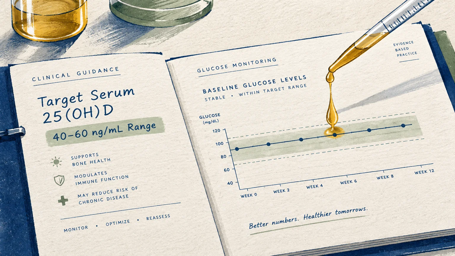 Open notebook with clinical guidance notes and a glucose monitoring chart beside a dropper releasing yellow liquid.