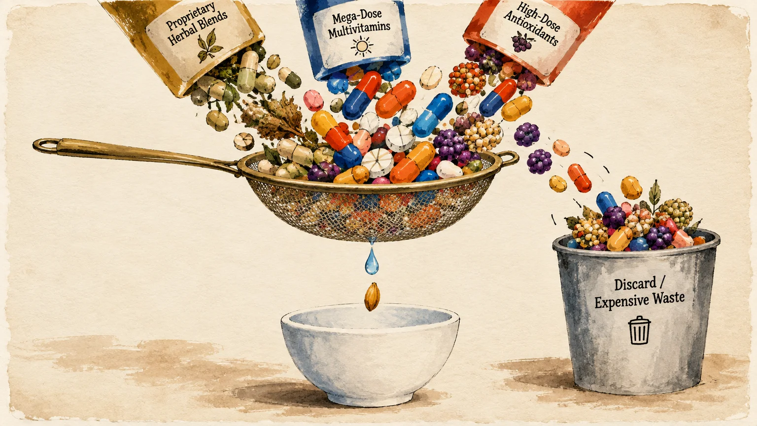 Illustration of supplement bottles pouring pills into a strainer, yielding one seed into a bowl beside a waste bucket.