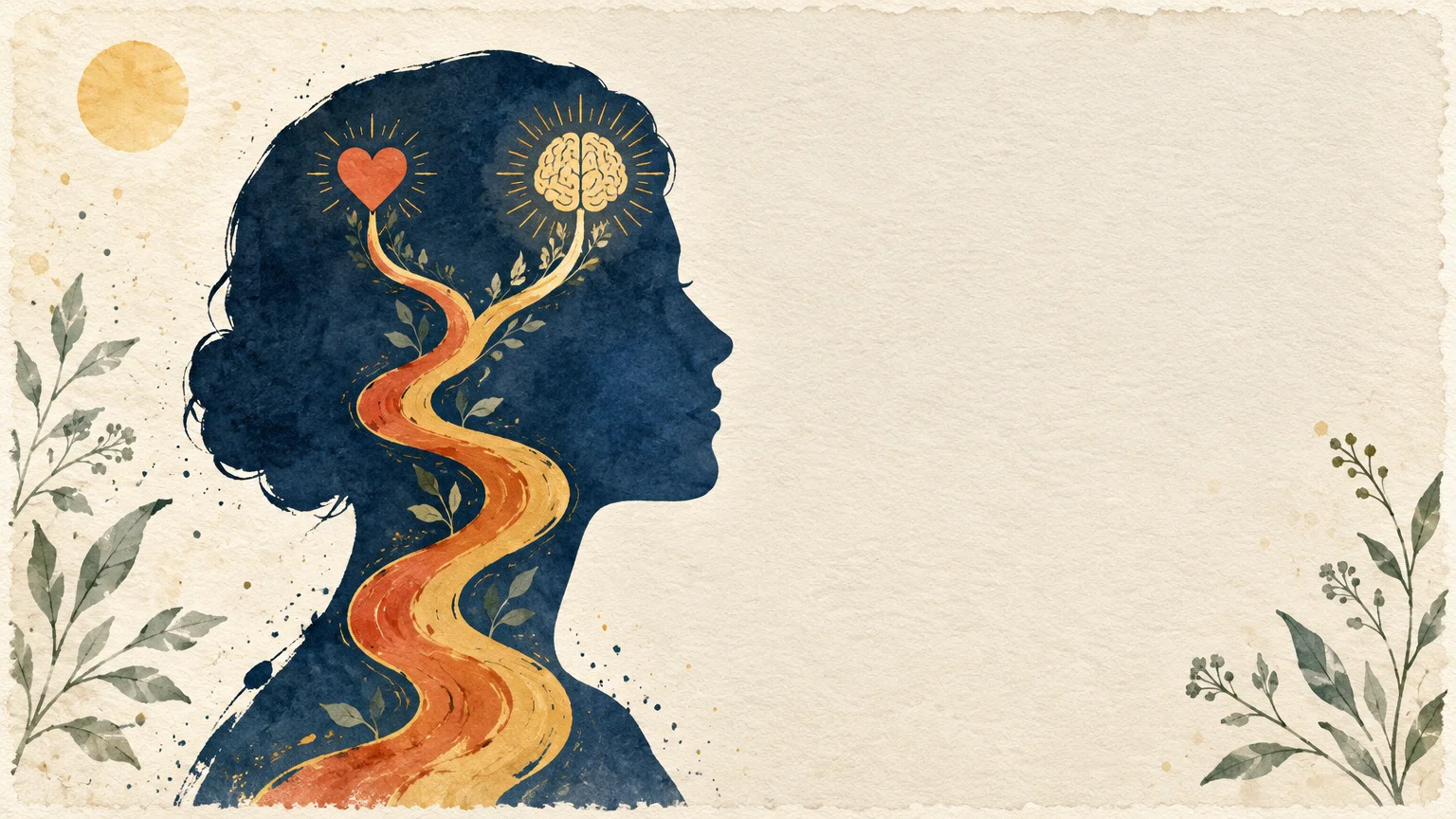 Silhouette of a woman in profile with winding paths leading upward to glowing heart and brain illustrations.