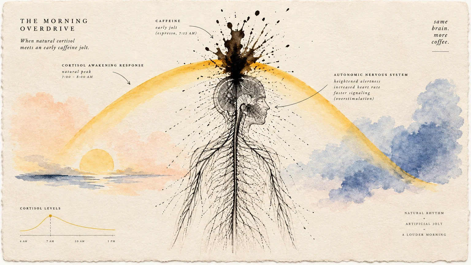 Illustration of a human nervous system diagram beneath a sunrise arc, annotated with morning cortisol and caffeine effects.