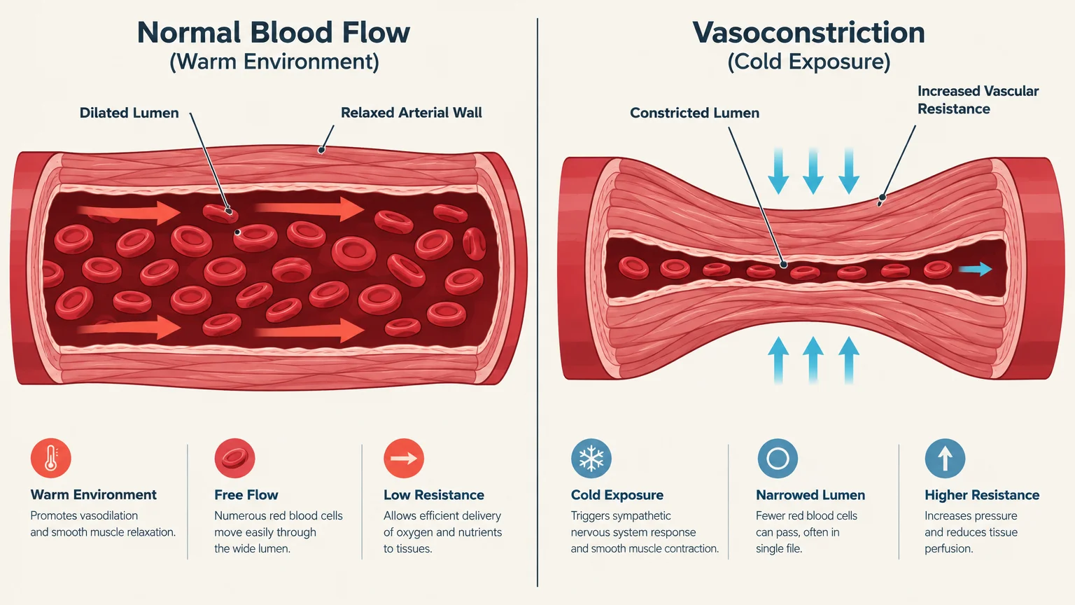 Diagram comparing a wide, dilated blood vessel in a warm environment to a constricted vessel under cold exposure.