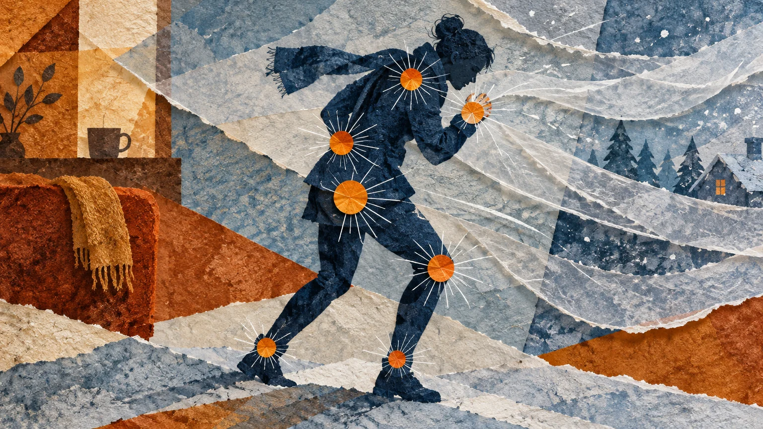Paper collage of a person walking through a cold winter storm with glowing orange circles marking painful joints.