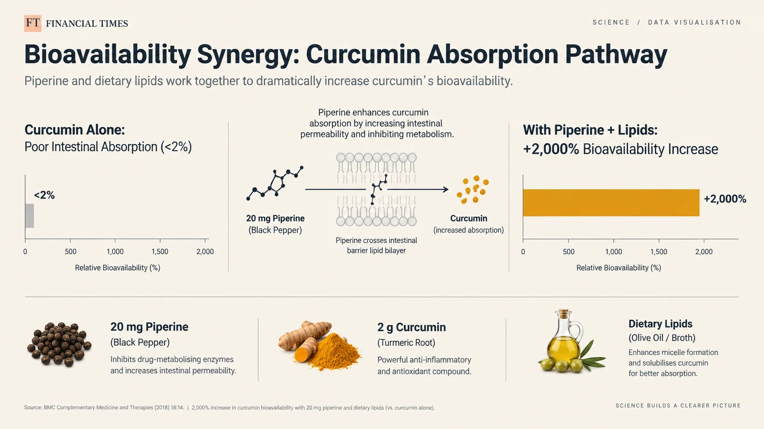 Infographic comparing curcumin bioavailability alone versus combined with piperine and lipids, showing a massive increase.