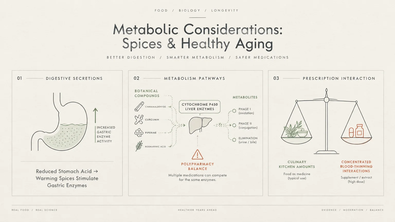 Diagram with three panels showing digestive secretions in a stomach, liver metabolism pathways, and a scale comparing spices.