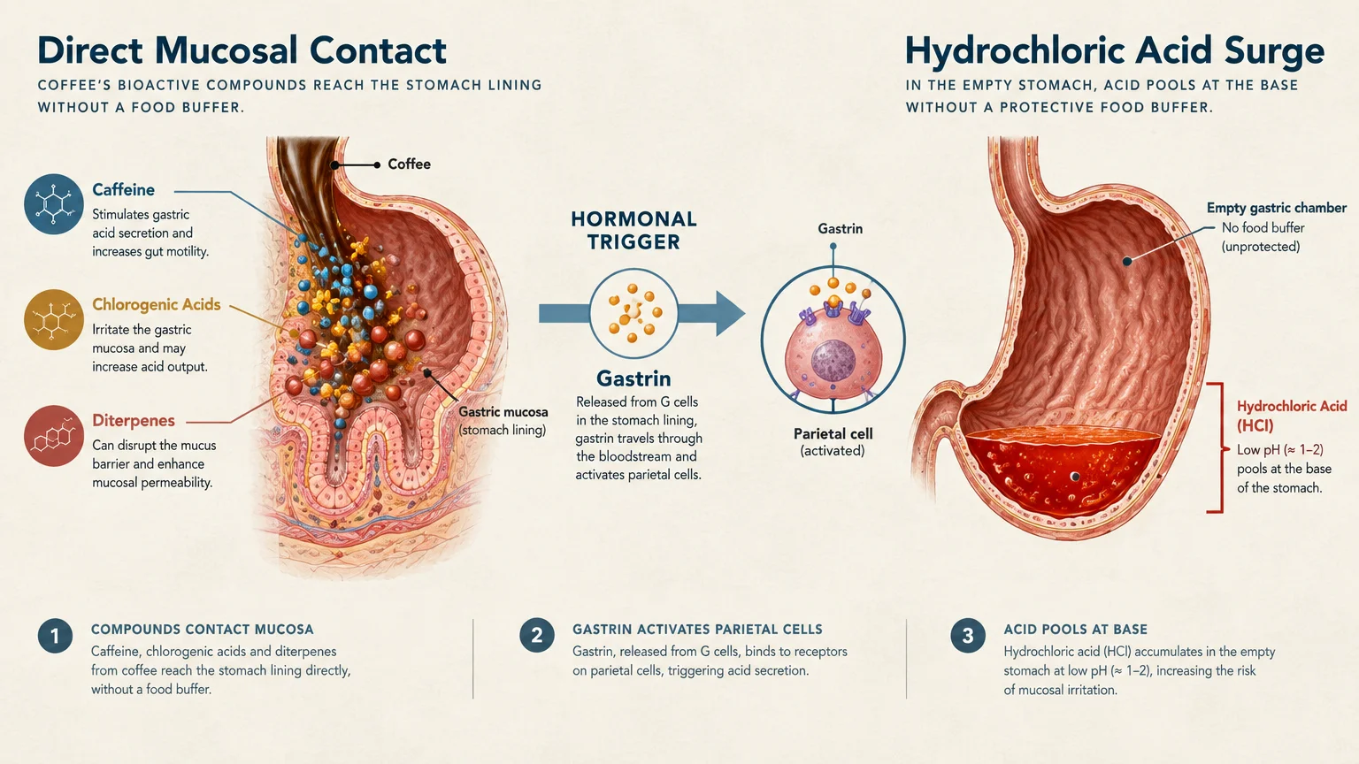 Illustration of coffee contacting the stomach lining, activating cells, and pooling hydrochloric acid at the base.