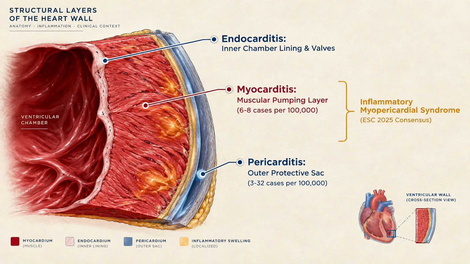 Cross-section diagram of the heart wall showing layers affected by endocarditis, myocarditis, and pericarditis.