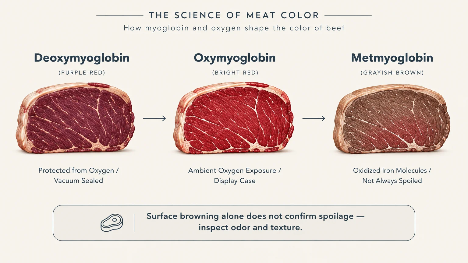 Diagram illustrating beef color stages: purple-red deoxymyoglobin, bright red oxymyoglobin, and grayish-brown metmyoglobin.