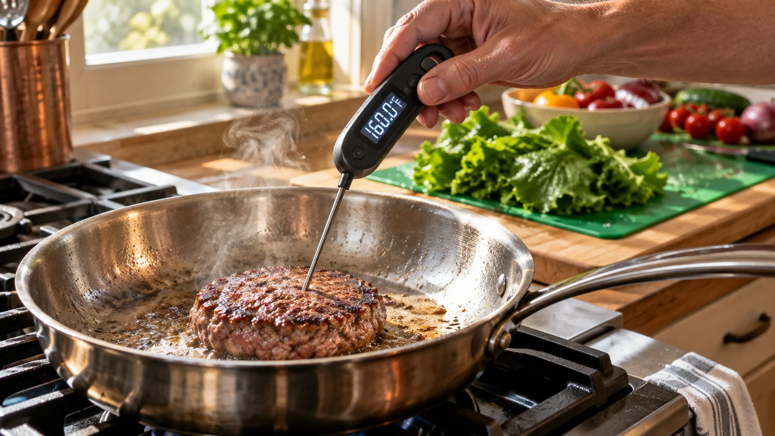 A digital probe thermometer inserted into a sizzling burger patty in a stainless steel skillet reads 160 degrees.