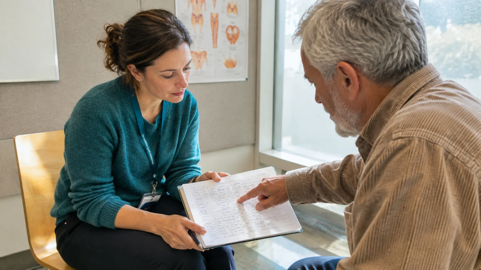 A female clinician holds a log sheet while an older male patient points to an entry during an office consultation.