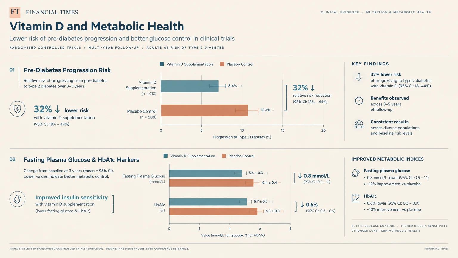 Financial Times infographics showing clinical trial data on vitamin D reducing prediabetes progression risk and HbA1c levels.