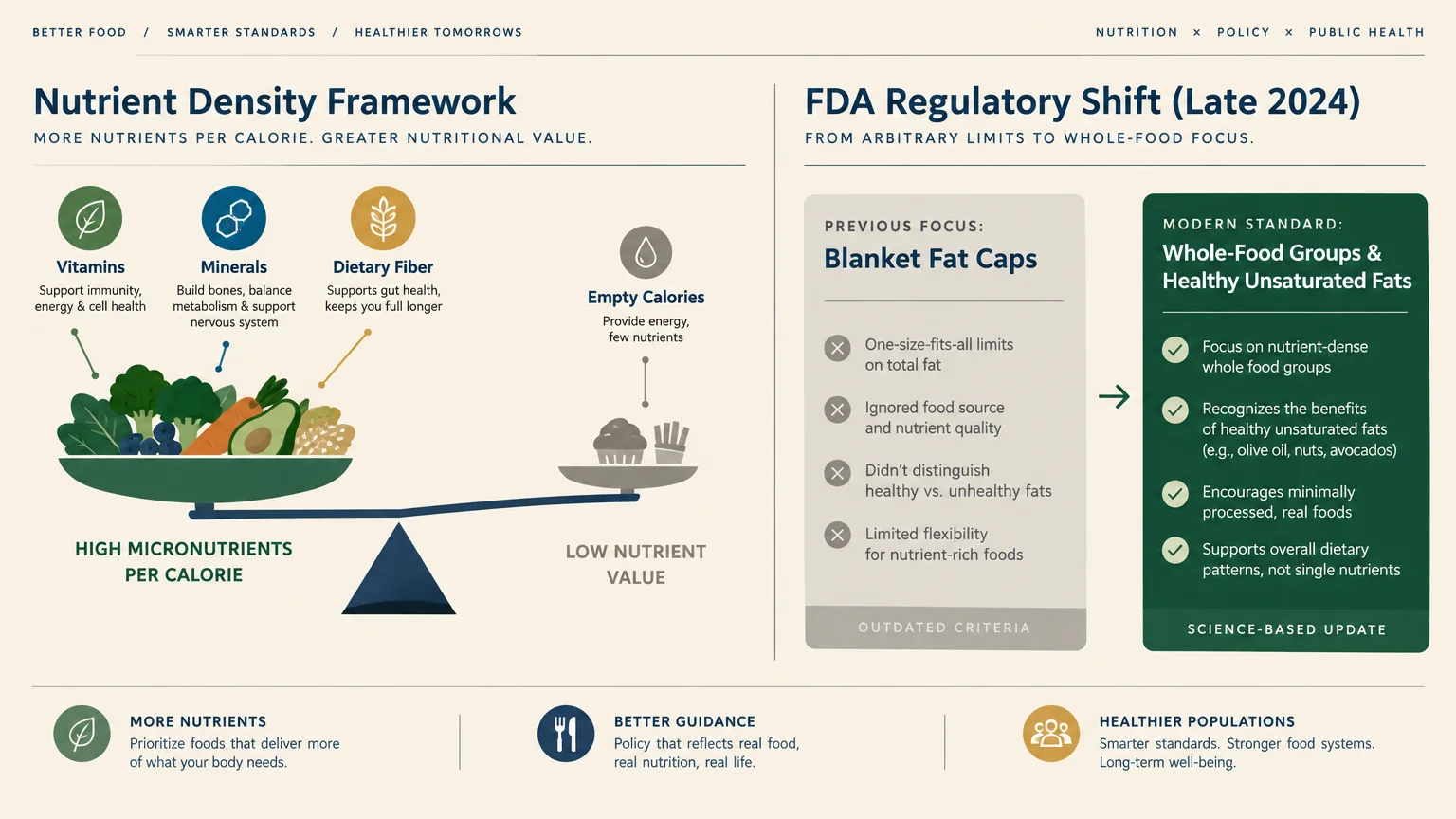Diagram illustrating a nutrient density framework alongside late 2024 FDA regulatory shifts toward whole foods.